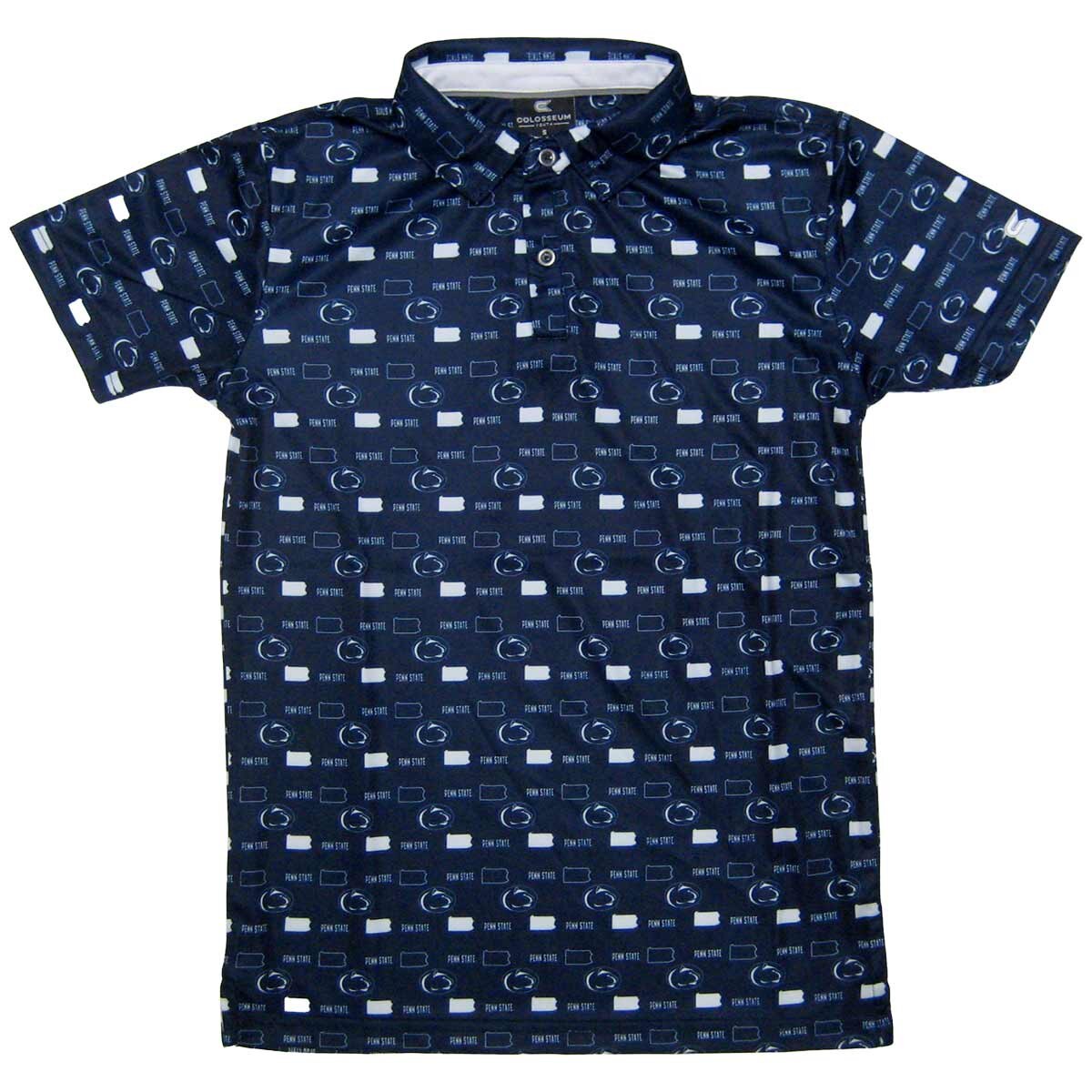 navy youth polo with repeating Penn State, Athletic Logo and PA state